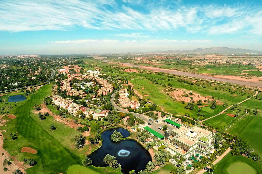 Aerial view of Palmeraie Rotana Resort and golf course