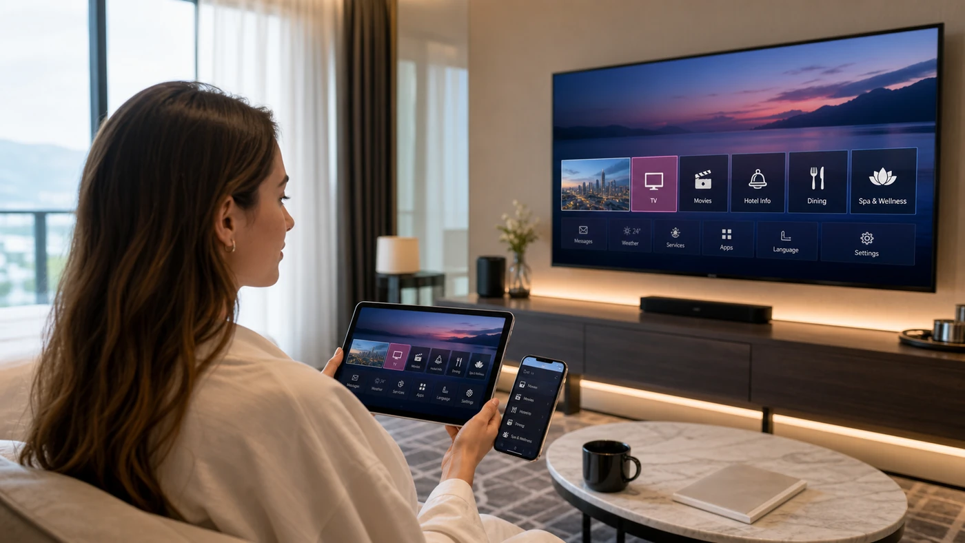 Hotel guest holding a tablet and smartphone while viewing an interactive TV menu